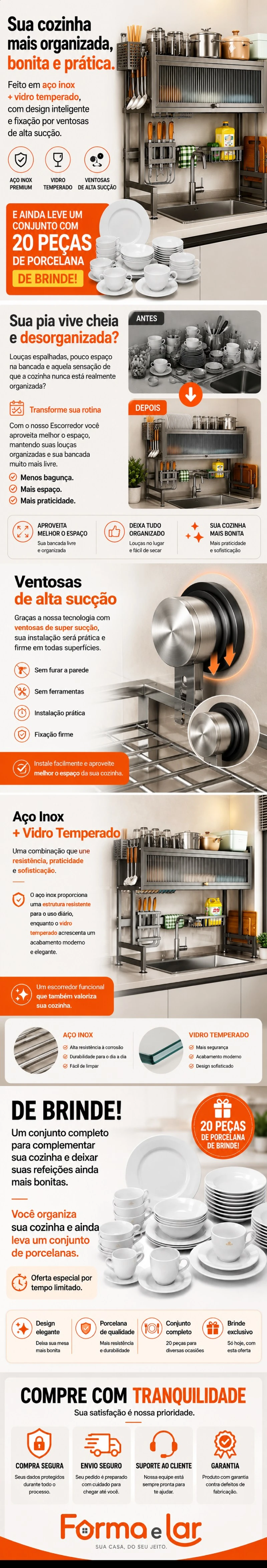 Escorredor de louças suspenso 3 camadas em aço inox com vidro temperado, ventosas de alta sucção e kit de 20 peças de porcelana de brinde
